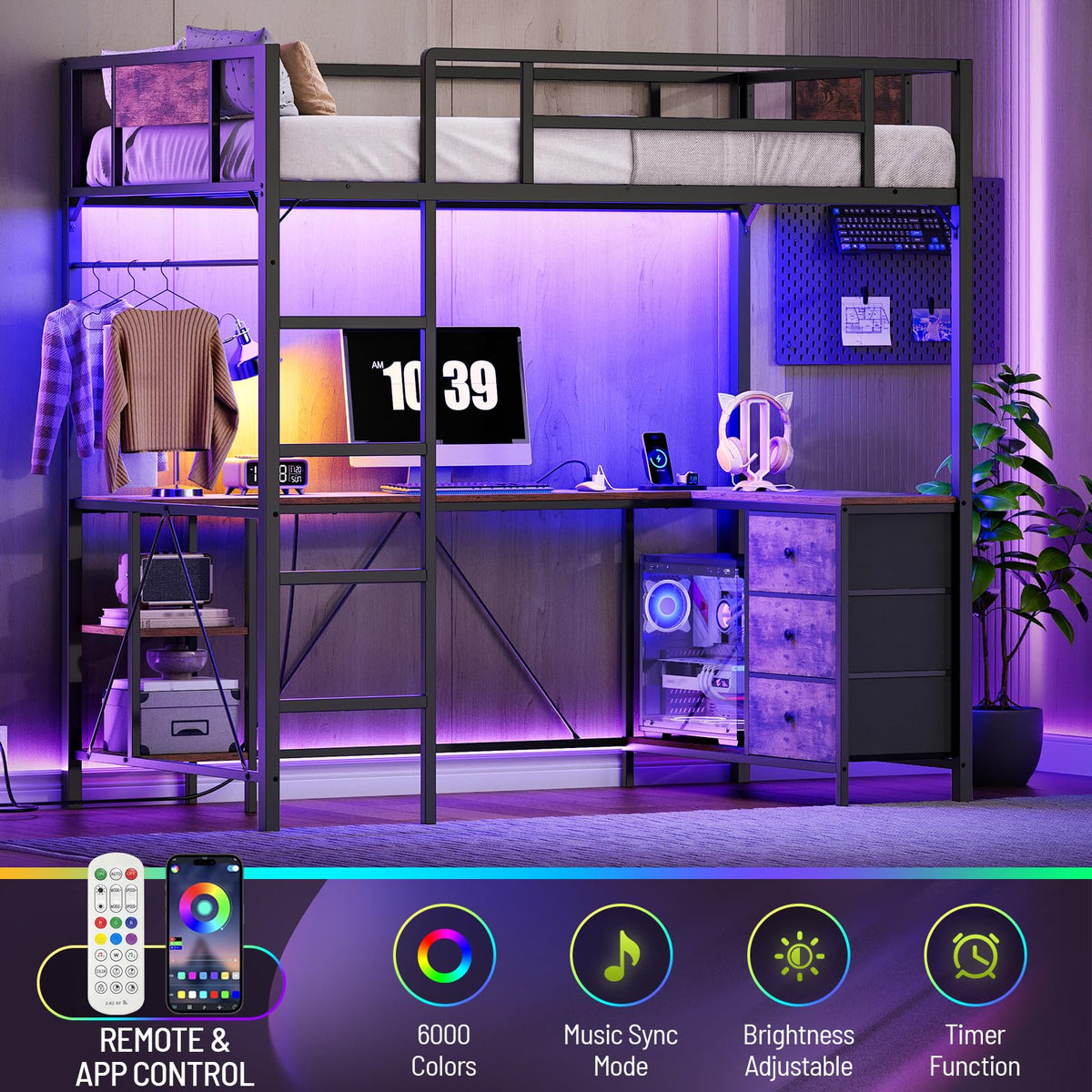 Twin Size Metal Loft Bed with L-Shaped Desk, 3 Storage Drawers, LED Light & Ladder V9363
