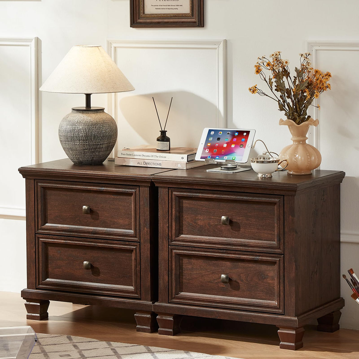 Nightstand Set of 2 with Charging Stations, 2 Drawers, Walnut A54284