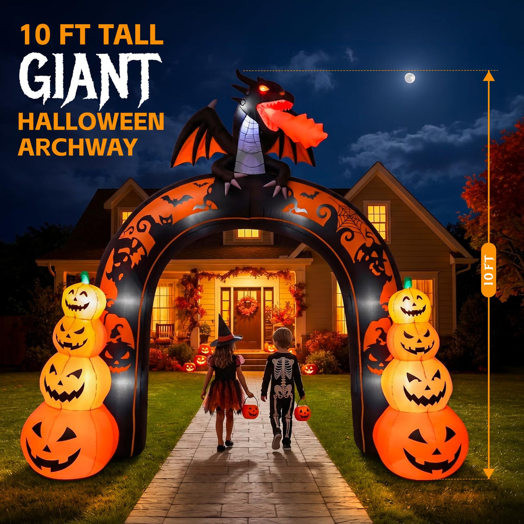 10 FT Tall Halloween Inflatables Dragon Pumpkin Archway Outdoor Decorations with Built-in LEDs J756004