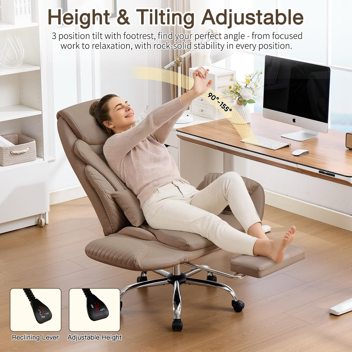 Cross Legged Office Chair with Flip Armrest and Footrest Brown E212