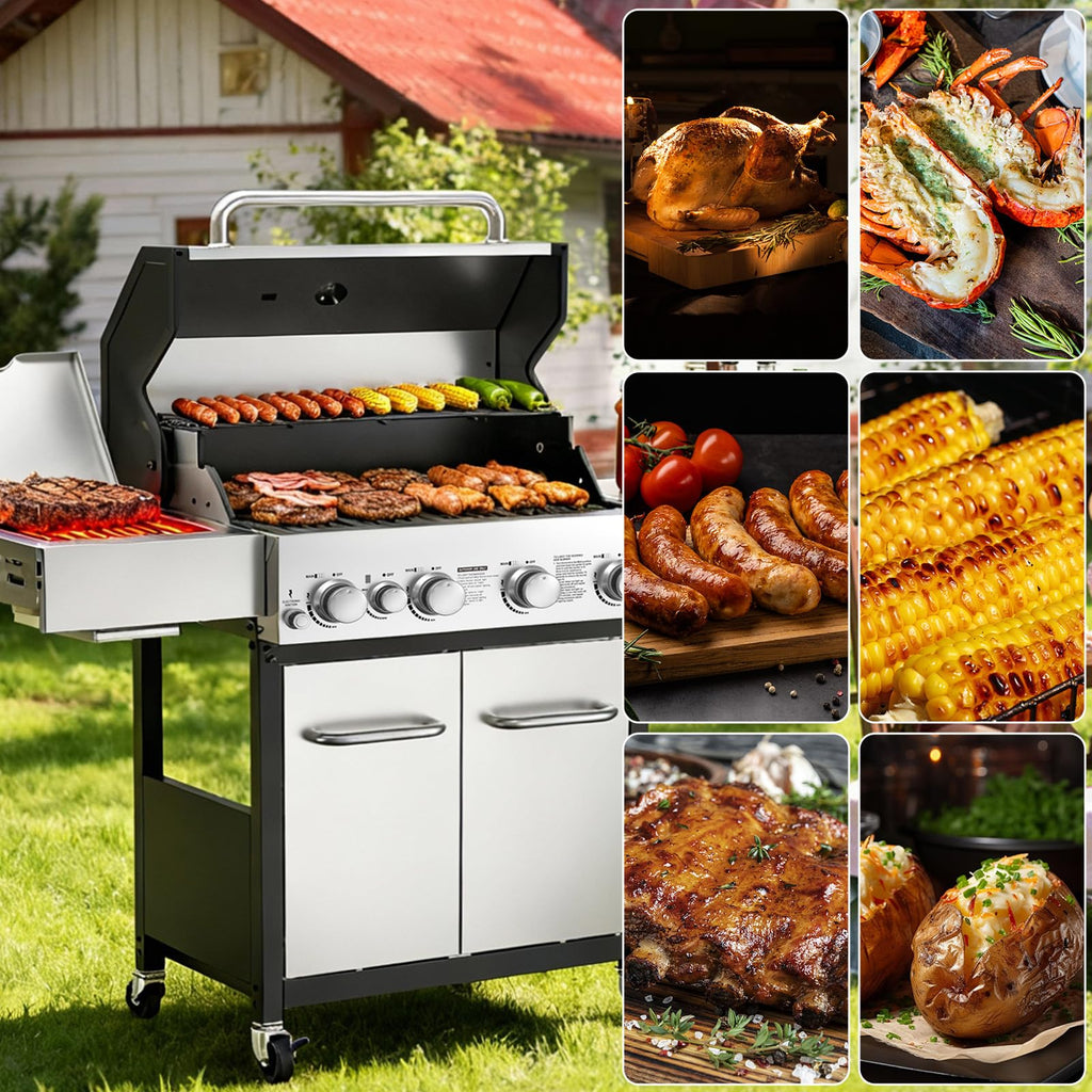 4 Burner Gas Grill with Side Burner and Wheels W858
