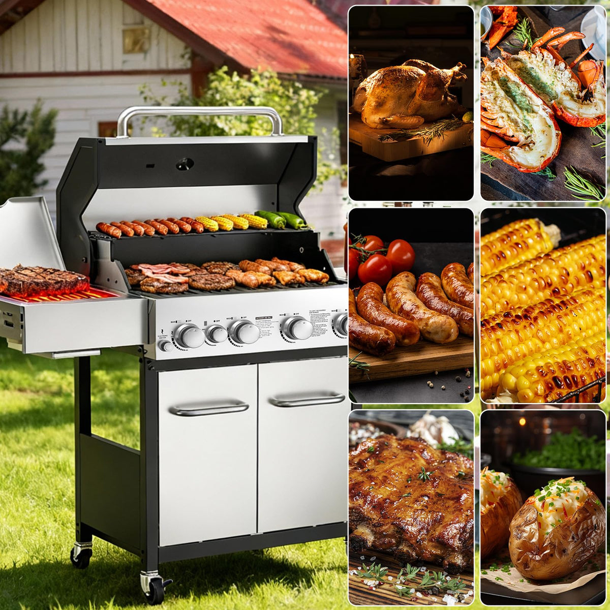 4 Burner Gas Grill with Side Burner and Wheels W858