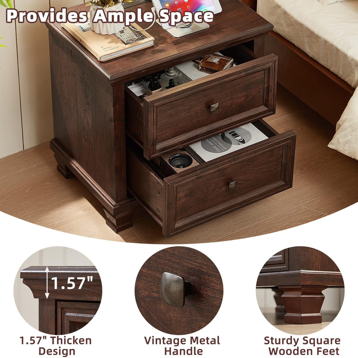 Nightstand Set of 2 with Charging Stations, 2 Drawers, Walnut A54284
