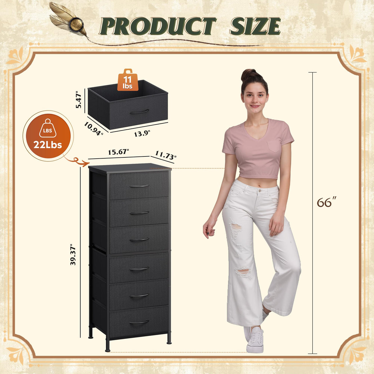 Black 6 Drawer Tall Dresser P1013