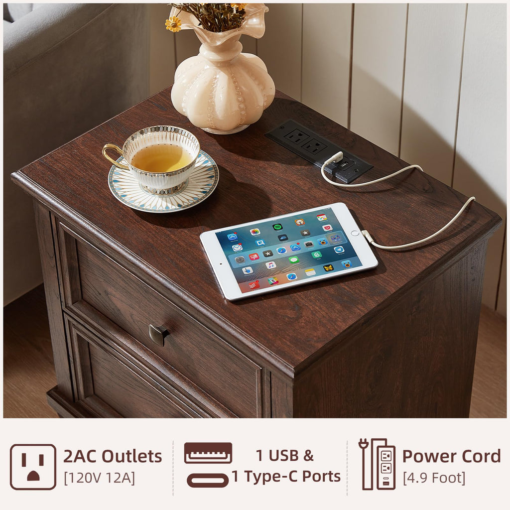 Nightstand Set of 2 with Charging Stations, 2 Drawers, Walnut A54284