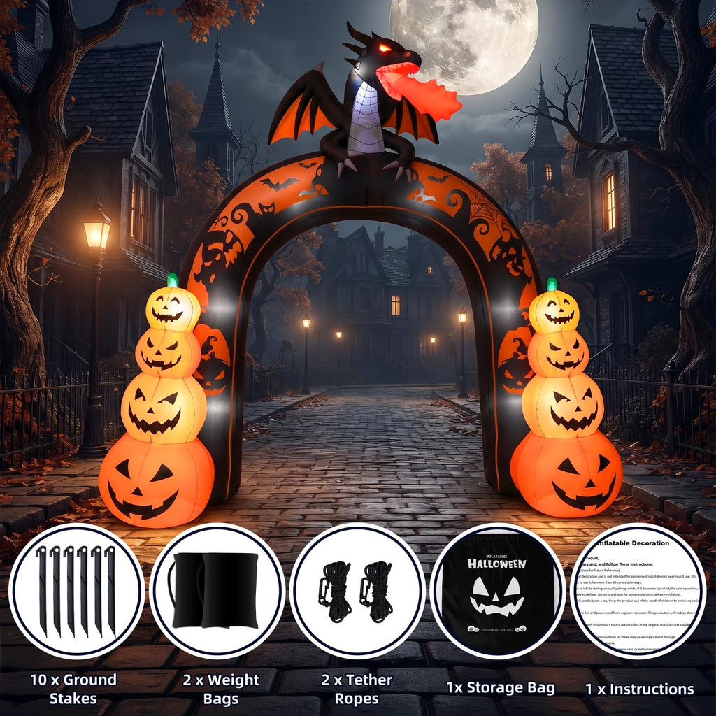 10 FT Tall Halloween Inflatables Dragon Pumpkin Archway Outdoor Decorations with Built-in LEDs J756004