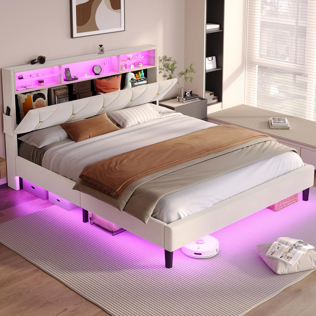 Full Size Velvet Upholstered Platform Bed Frame with Storage Headboard C97866