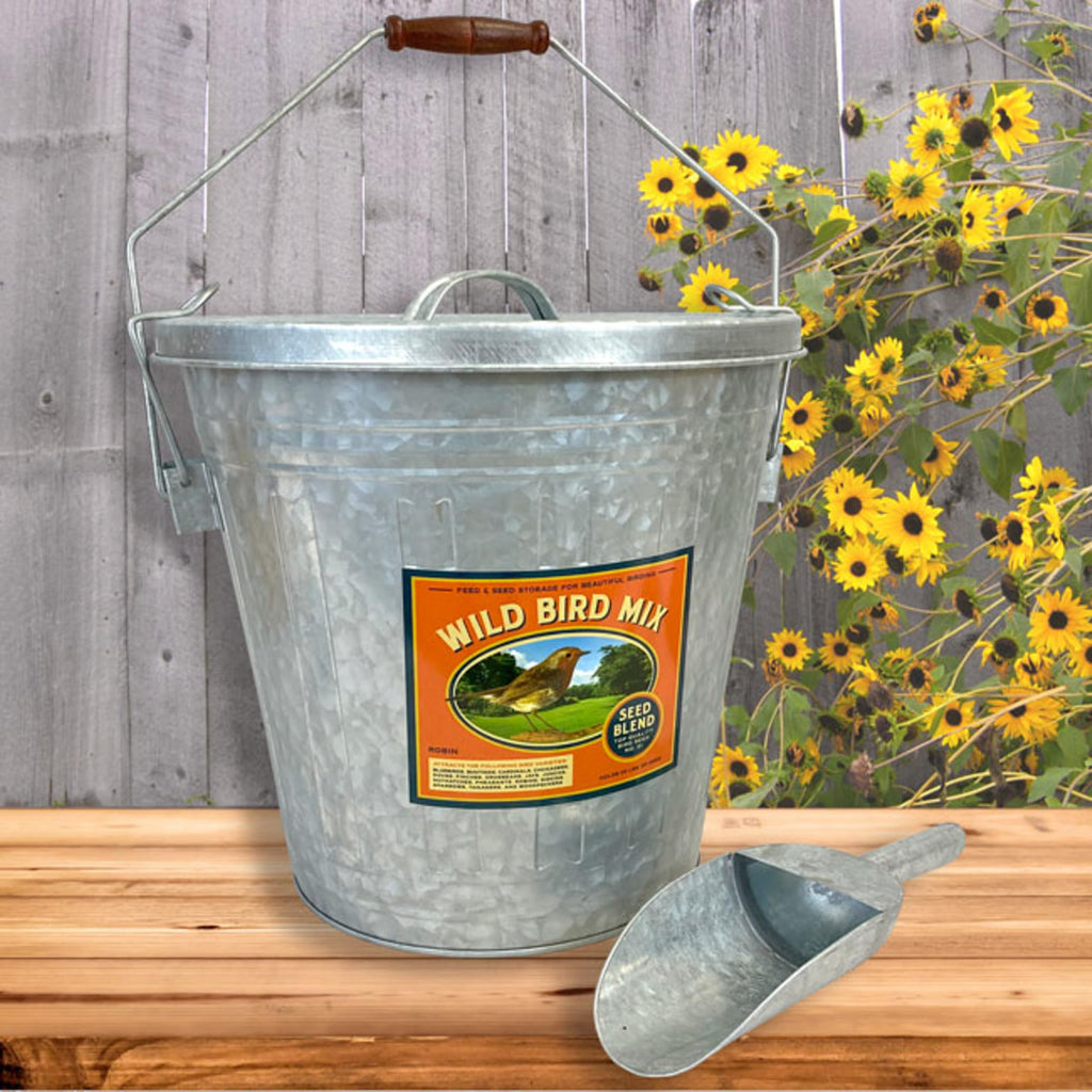 Galvanized Steel Bird Seed Storage Bucket Bin with Scoop N9994