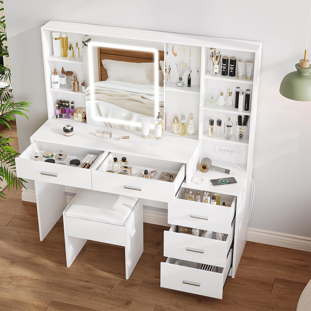 White Vanity Desk with Lighted Sliding Mirror, 5 Drawers and Stool Set P64135