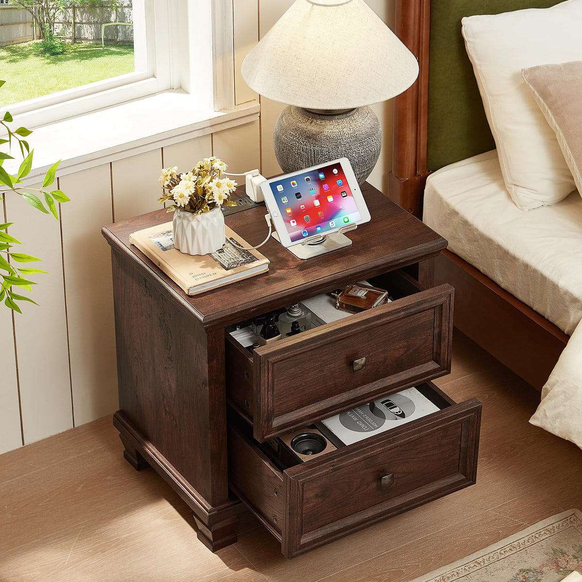 Nightstand Set of 2 with Charging Stations, 2 Drawers, Walnut A54284