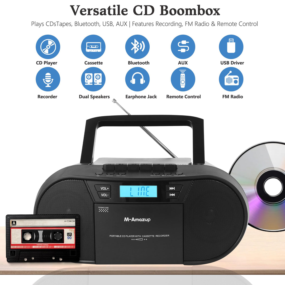 Portable CD Cassette Boombox with Bluetooth MP3 USB FM Radio X441
