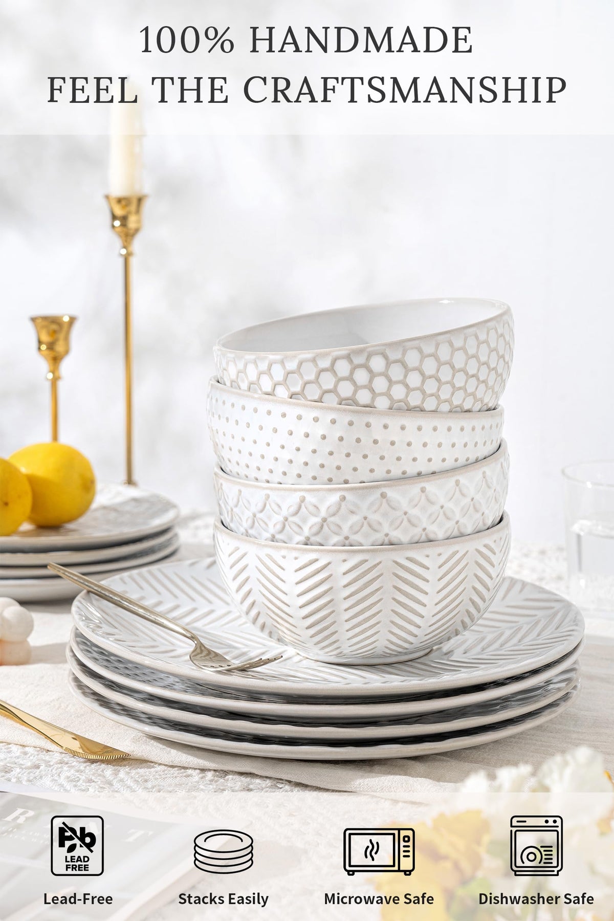 12 Piece Embossed Stoneware Dinnerware Sets for 4 O305