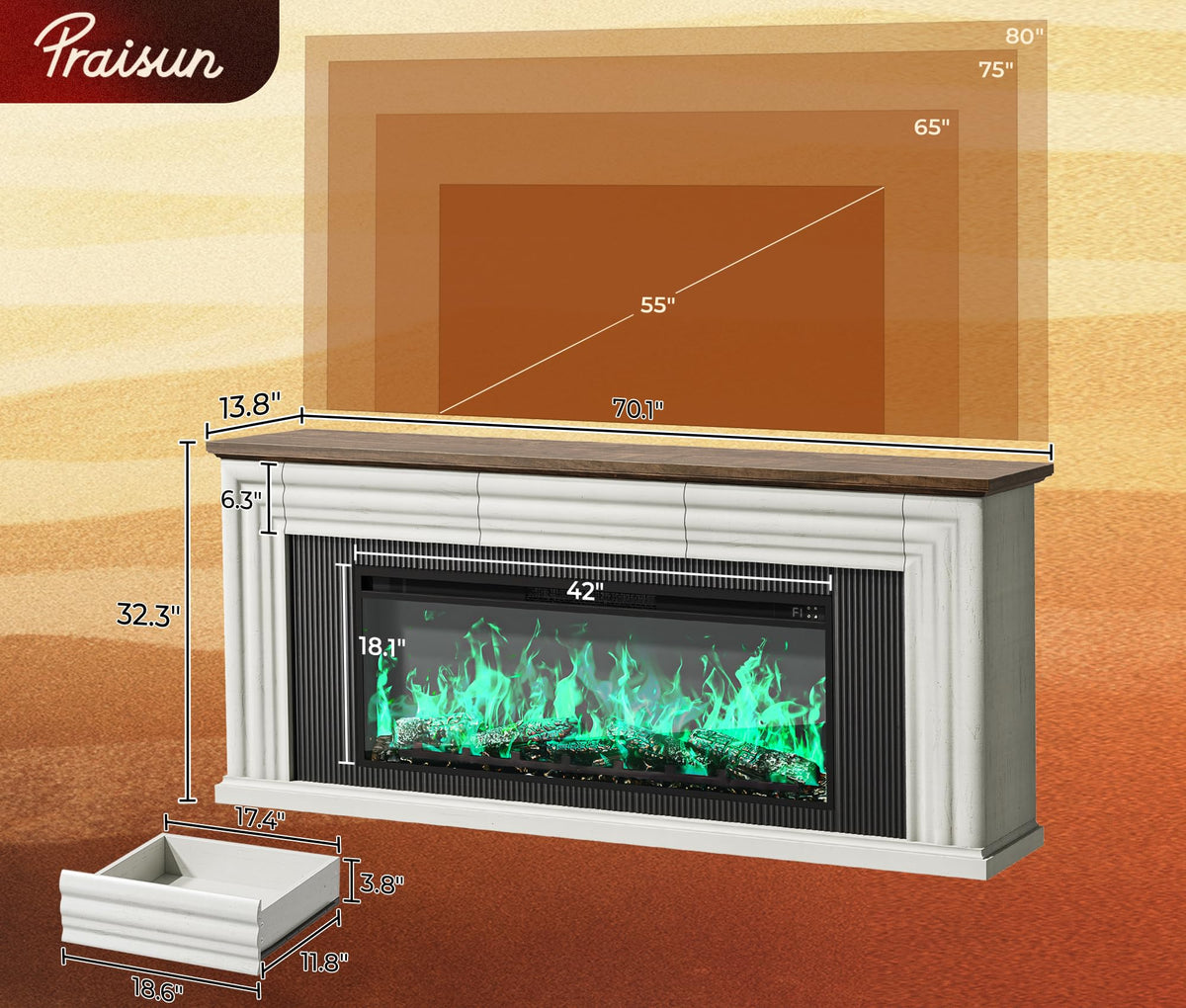 70'' TV Stand with 42'' Electric Fireplace, 3 Drawers, Distressed White H629263
