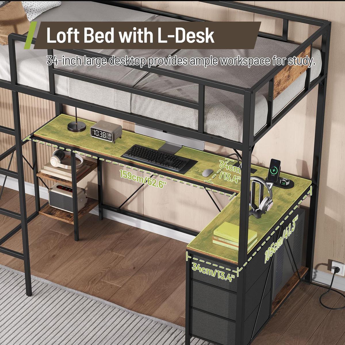 Twin Size Metal Loft Bed with L-Shaped Desk, 3 Storage Drawers, LED Light & Ladder V9363