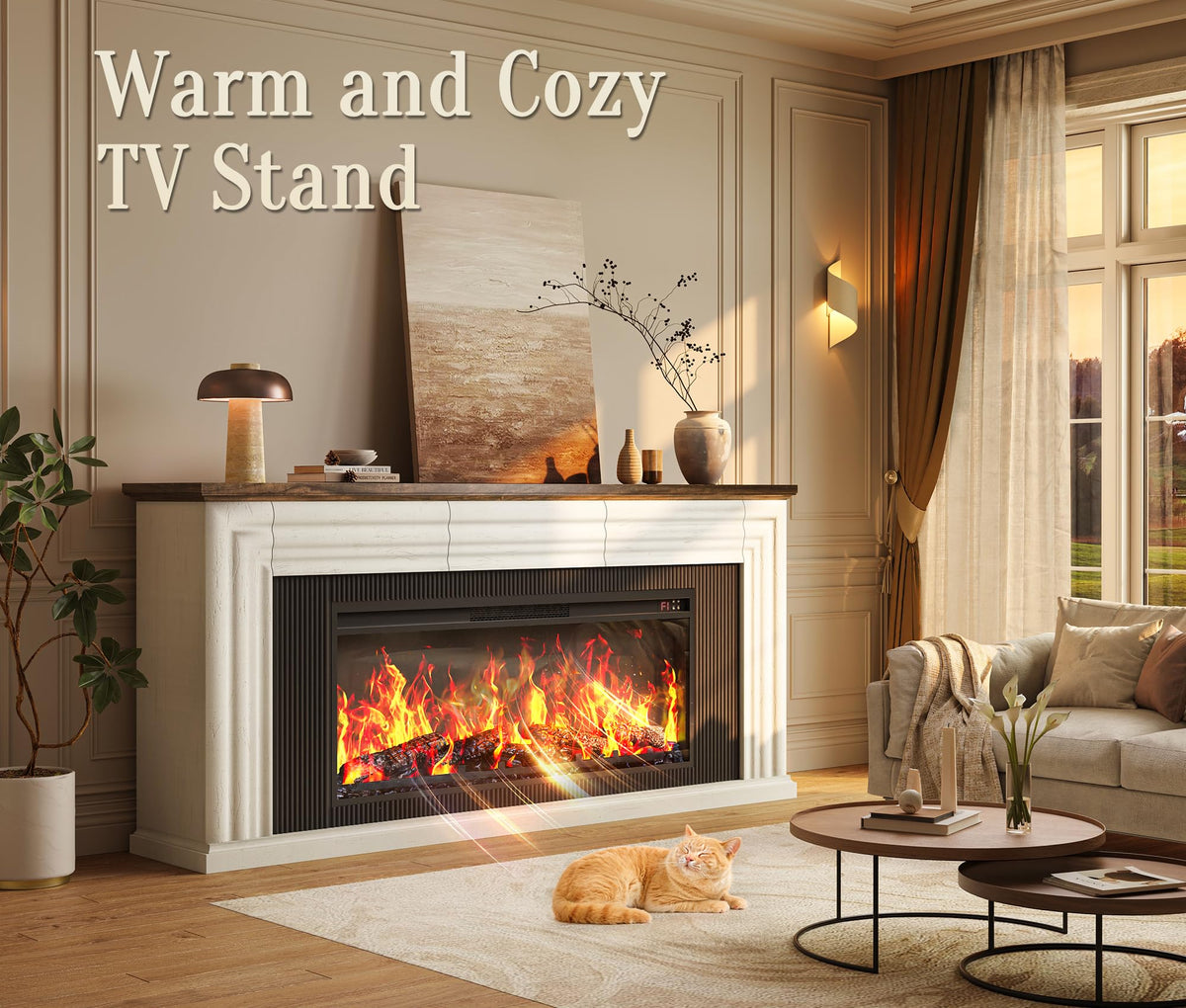 70'' TV Stand with 42'' Electric Fireplace, 3 Drawers, Distressed White H629263