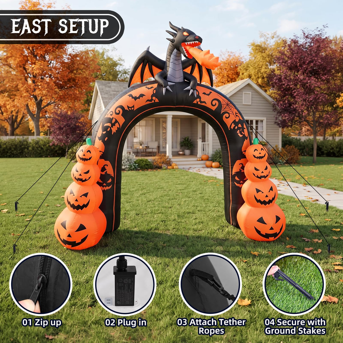 10 FT Tall Halloween Inflatables Dragon Pumpkin Archway Outdoor Decorations with Built-in LEDs J756004