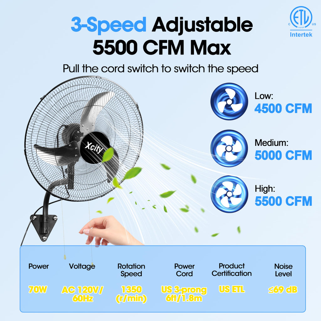 20 inch Industrial Wall Mounted Oscillating Fan, 3-Speed, 5500 CFM, Black M11992