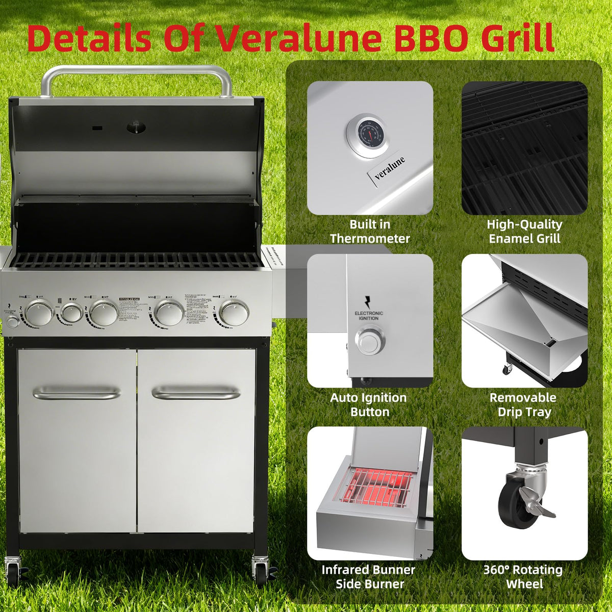4 Burner Gas Grill with Side Burner and Wheels W858