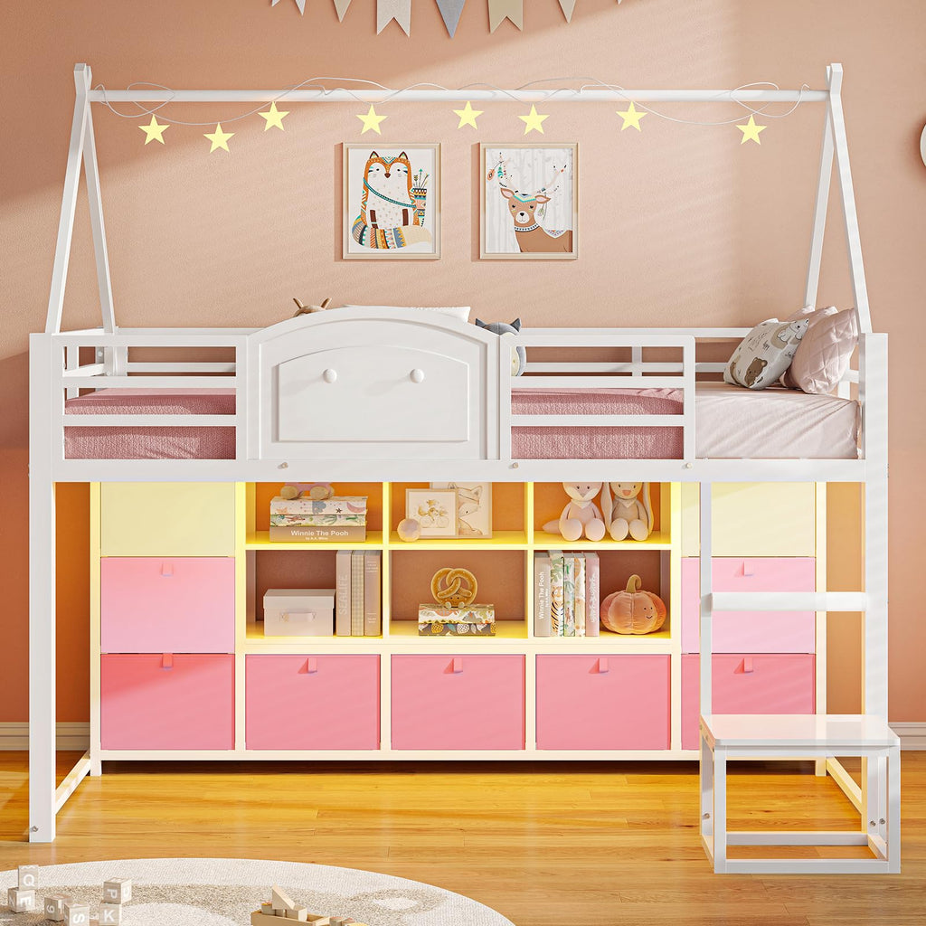 Twin Size Low Loft Bed with 9 Storage Drawers and Guardrail M7384