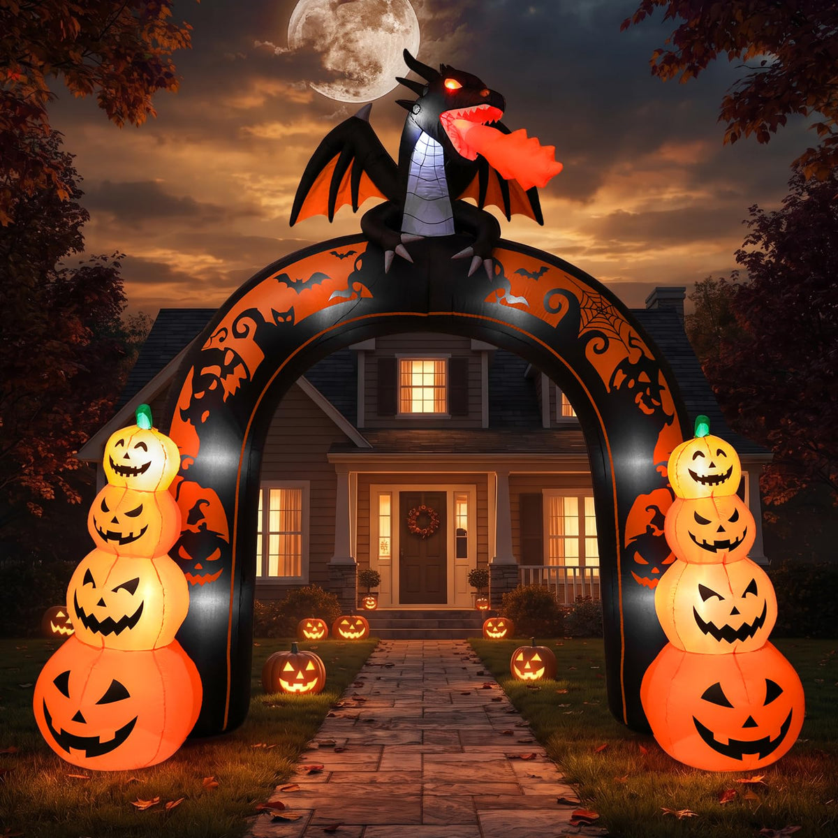 10 FT Tall Halloween Inflatables Dragon Pumpkin Archway Outdoor Decorations with Built-in LEDs J756004
