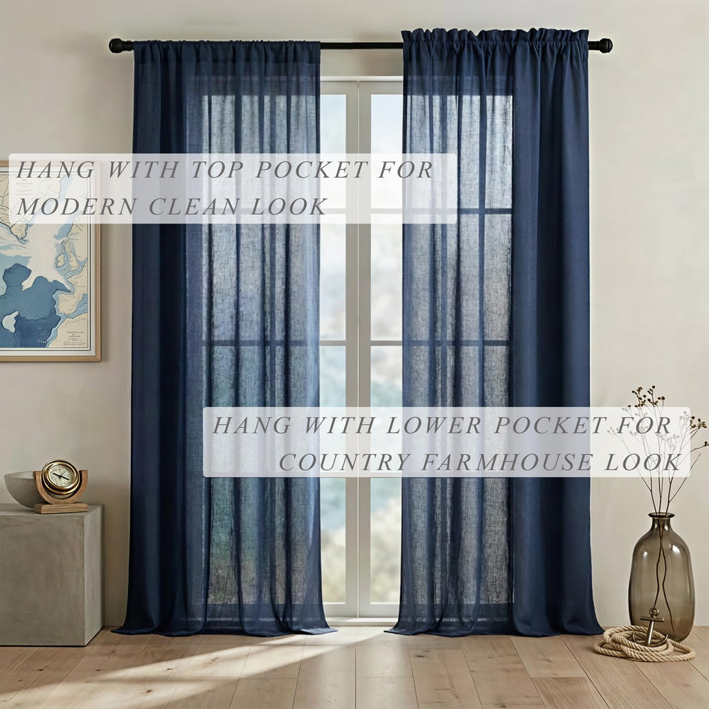 Navy Blue Linen Curtains 96 Inches Long Rod Pocket Semi Sheer Cotton Canvas S937584