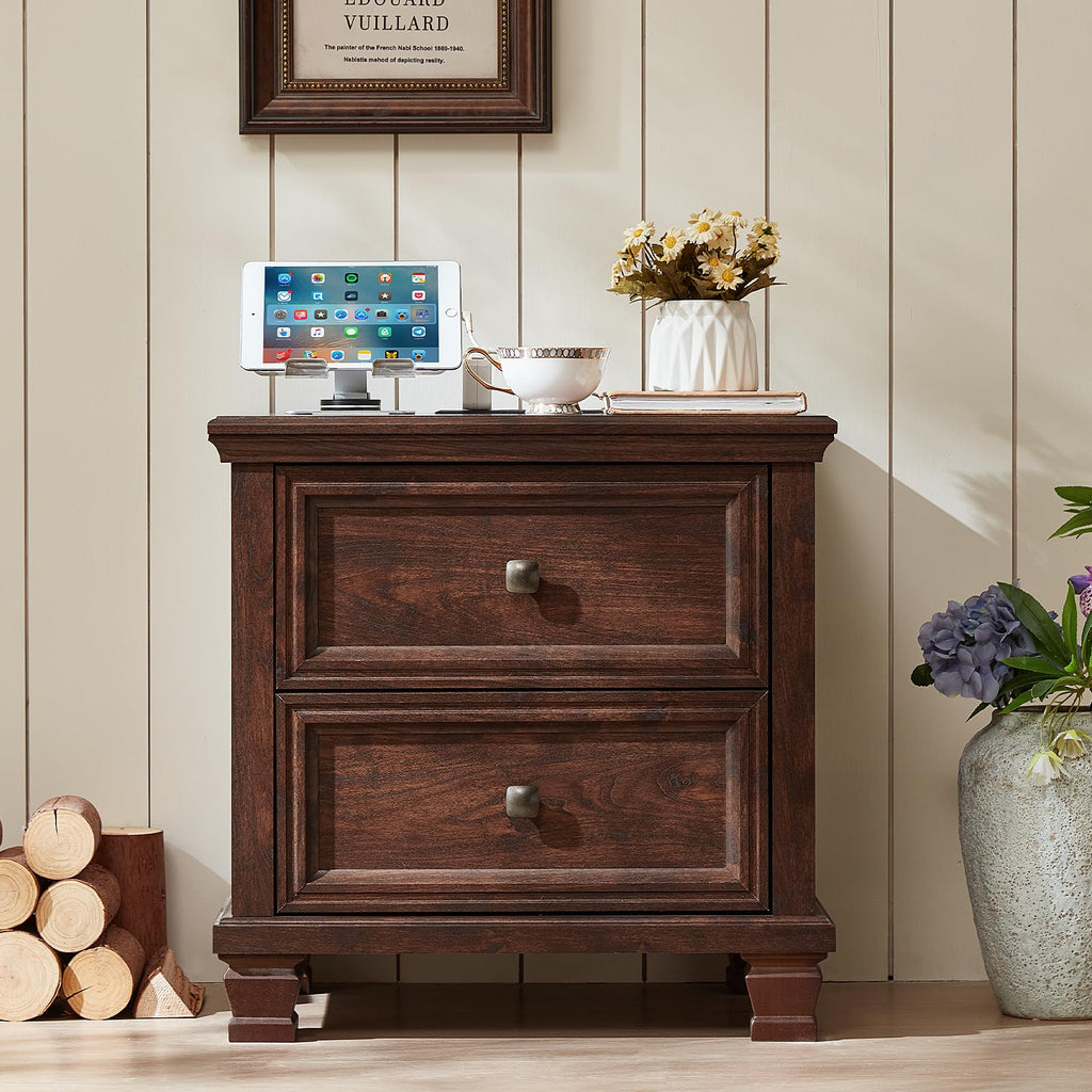 Nightstand Set of 2 with Charging Stations, 2 Drawers, Walnut A54284