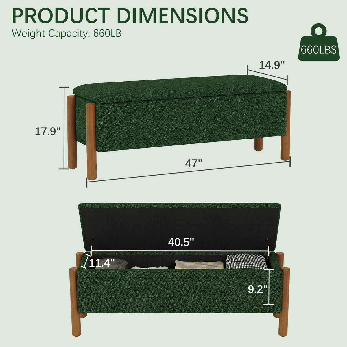 Green Fabric Upholstered Storage Bench D6034