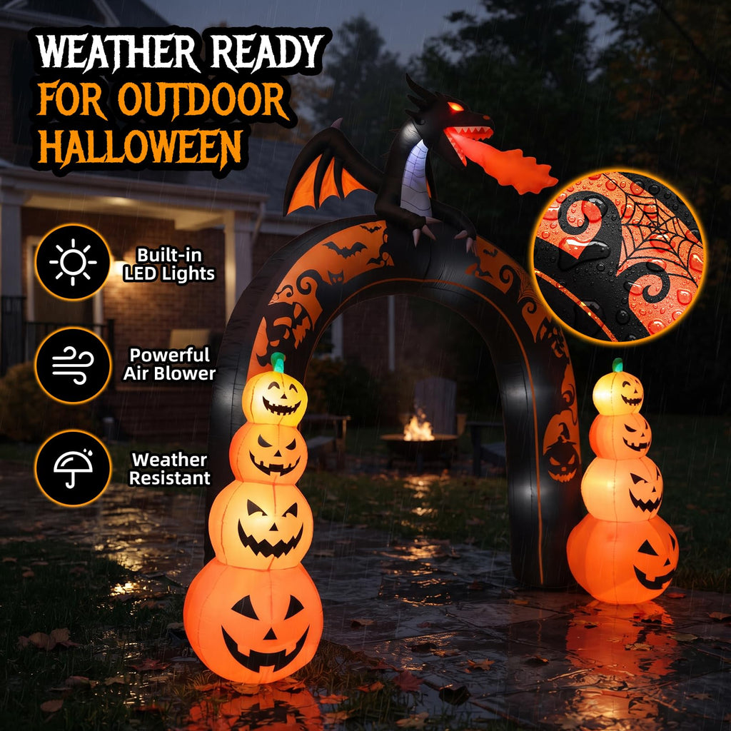 10 FT Tall Halloween Inflatables Dragon Pumpkin Archway Outdoor Decorations with Built-in LEDs J756004
