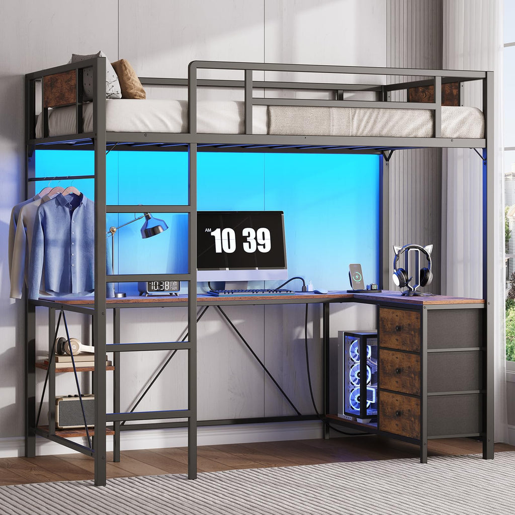 Twin Size Metal Loft Bed with L-Shaped Desk, 3 Storage Drawers, LED Light & Ladder V9363