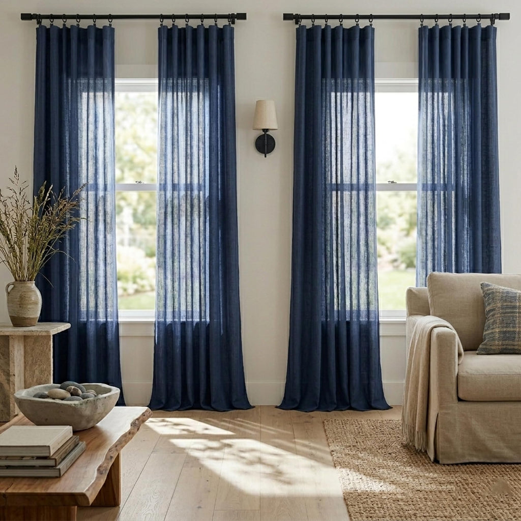 Navy Blue Linen Curtains 96 Inches Long Rod Pocket Semi Sheer Cotton Canvas S937584