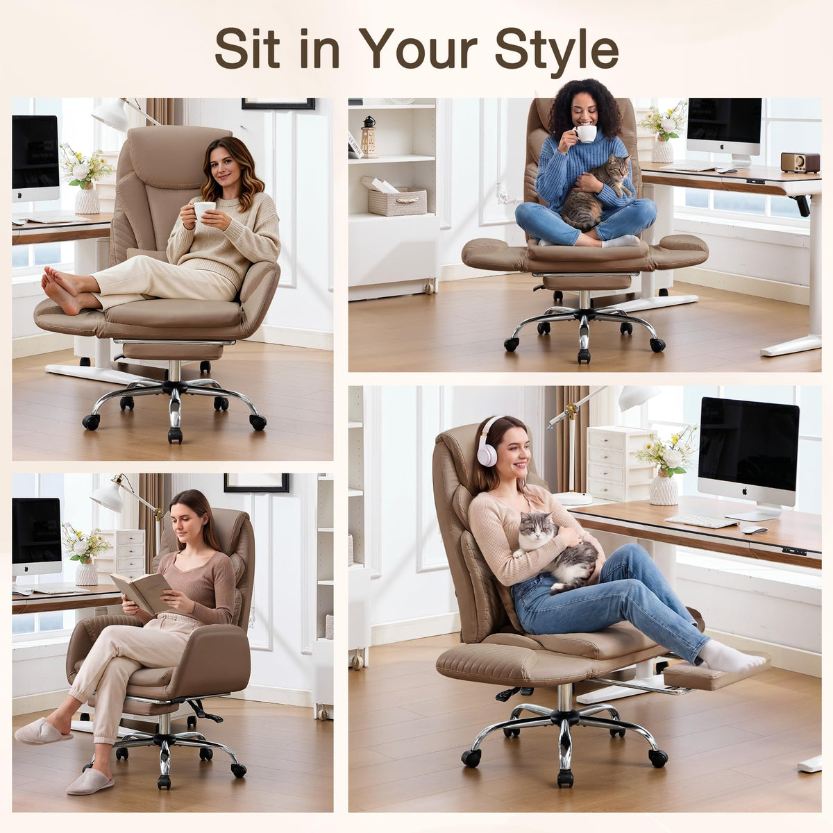 Cross Legged Office Chair with Flip Armrest and Footrest Brown E212