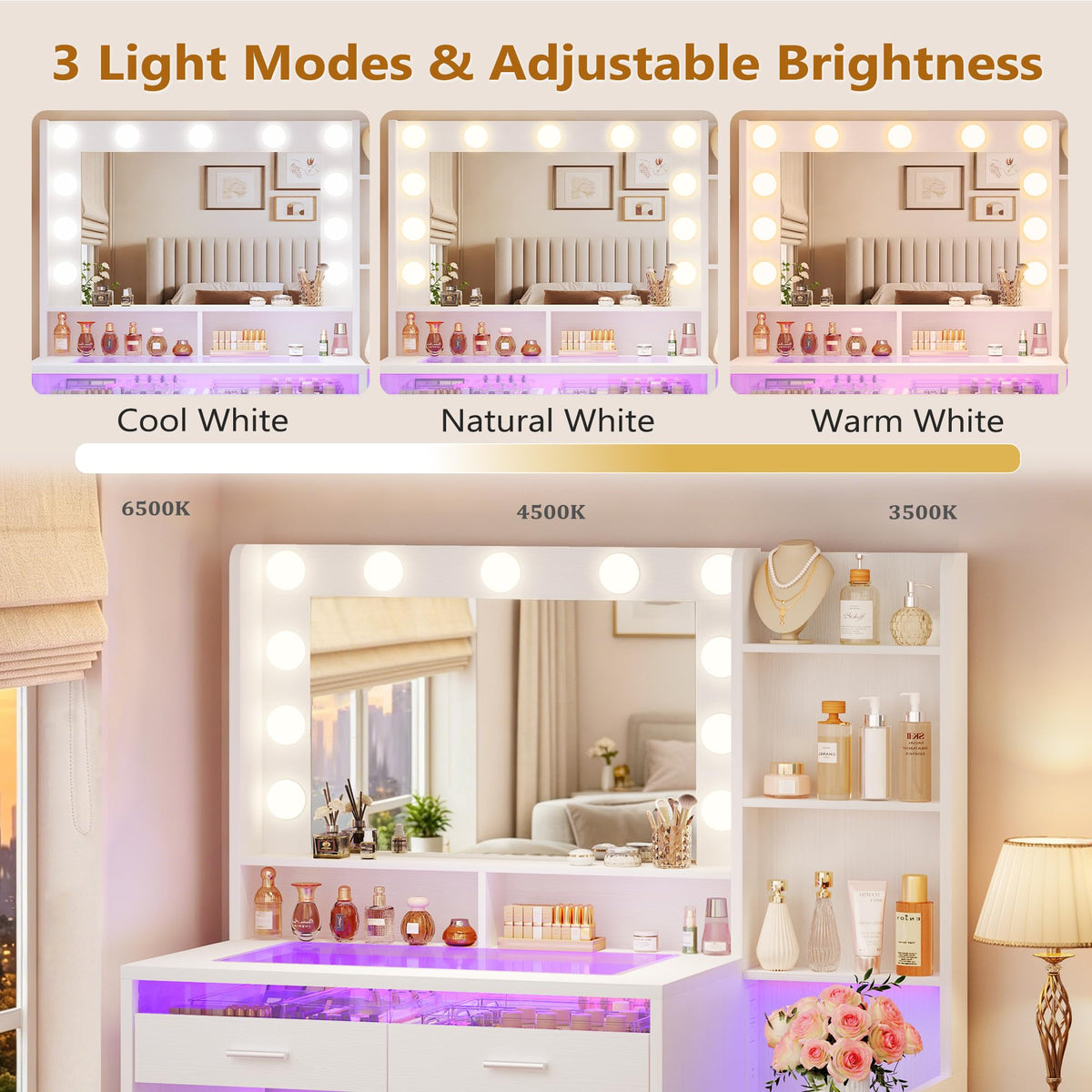 White Vanity Desk with Mirror and Lights X361141