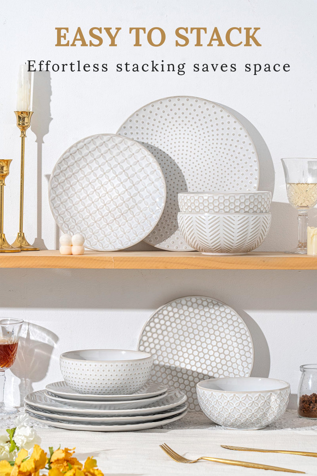 12 Piece Embossed Stoneware Dinnerware Sets for 4 O305