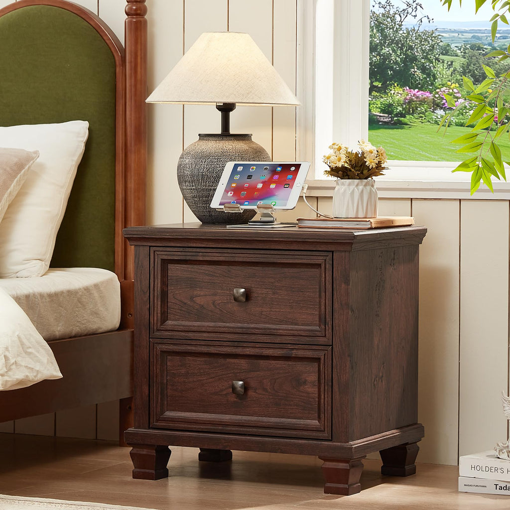 Nightstand Set of 2 with Charging Stations, 2 Drawers, Walnut A54284