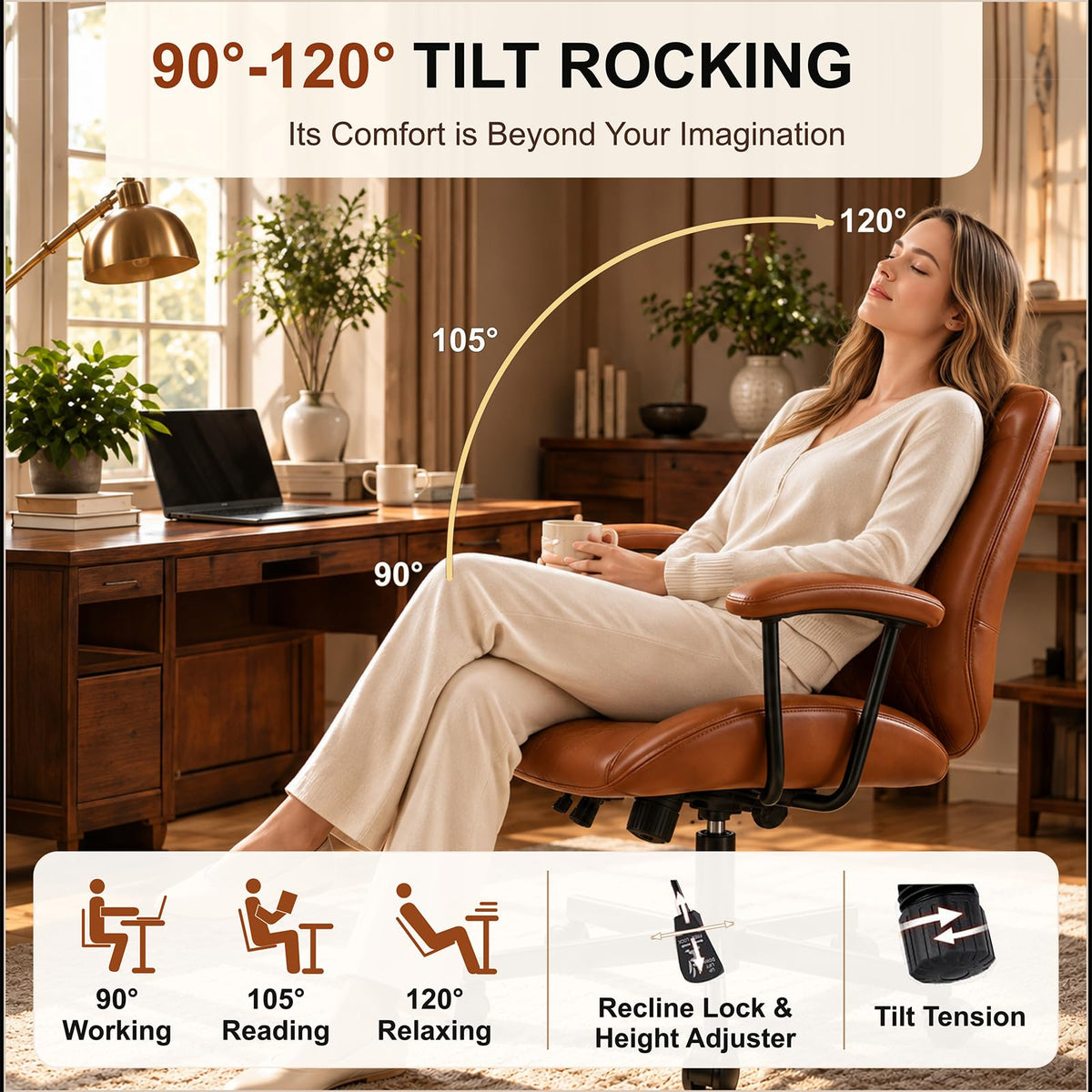 Brown PU Leather Office Chair with Lumbar Support A7944