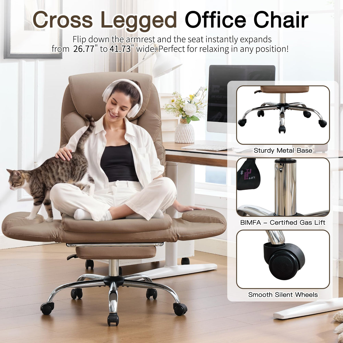 Cross Legged Office Chair with Flip Armrest and Footrest Brown E212