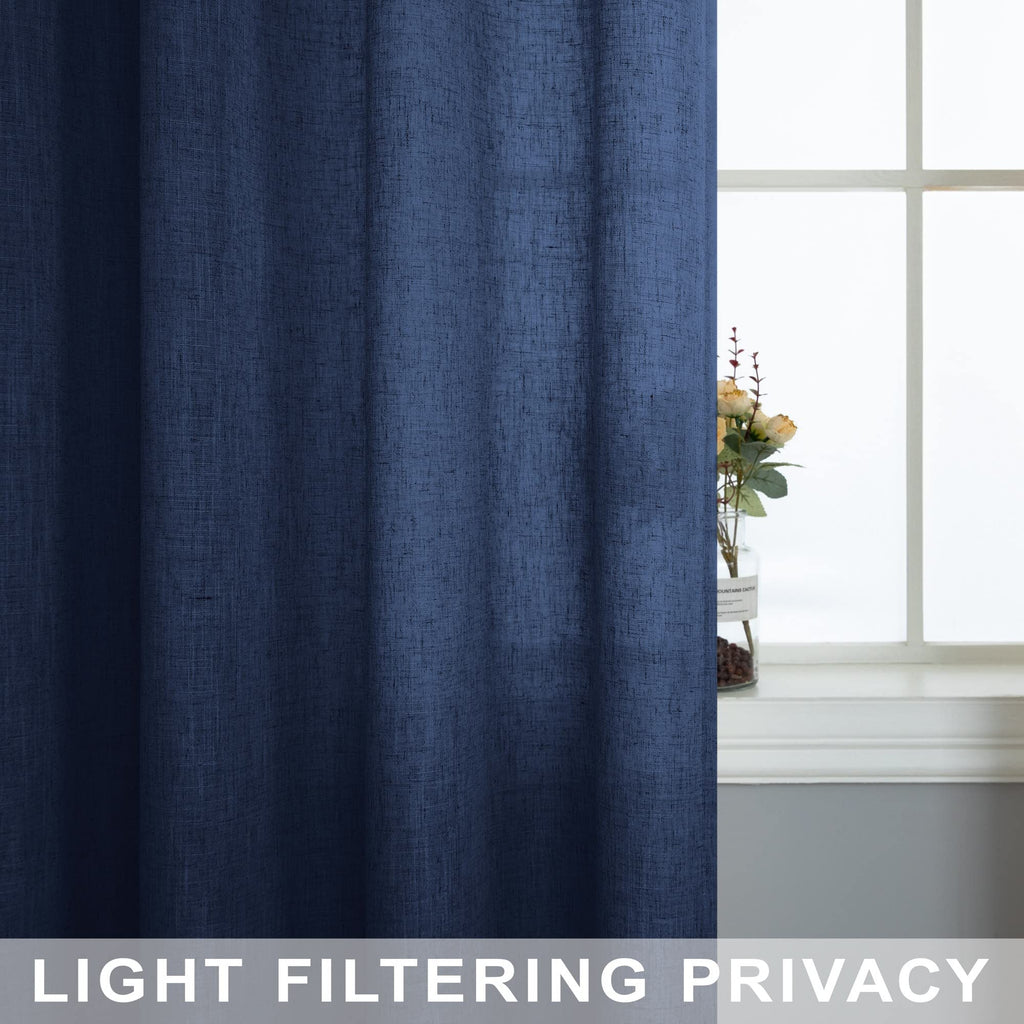 Navy Blue Linen Curtains 96 Inches Long Rod Pocket Semi Sheer Cotton Canvas S937584
