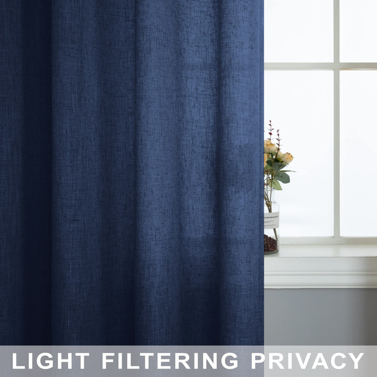 Navy Blue Linen Curtains 96 Inches Long Rod Pocket Semi Sheer Cotton Canvas S937584