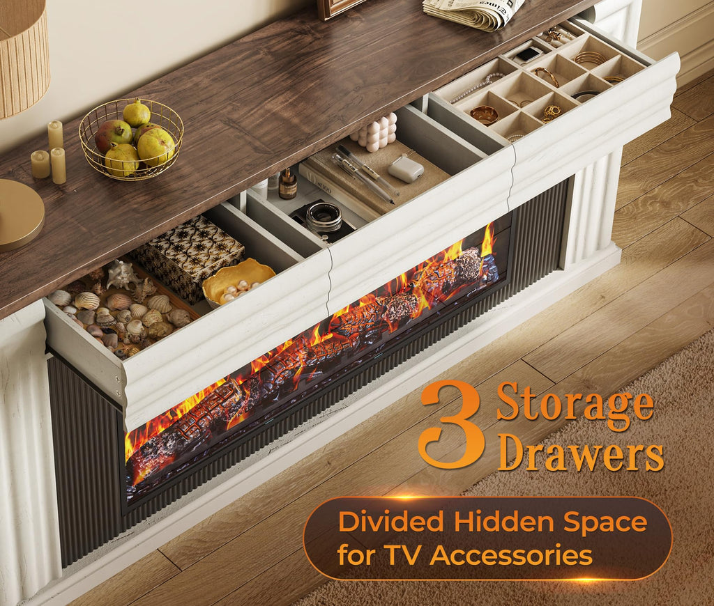 70'' TV Stand with 42'' Electric Fireplace, 3 Drawers, Distressed White H629263