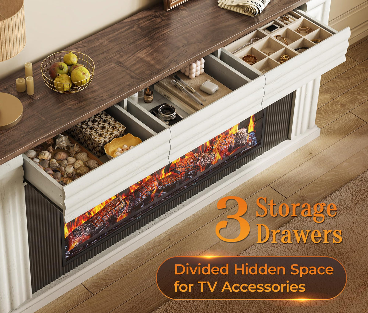 70'' TV Stand with 42'' Electric Fireplace, 3 Drawers, Distressed White H629263