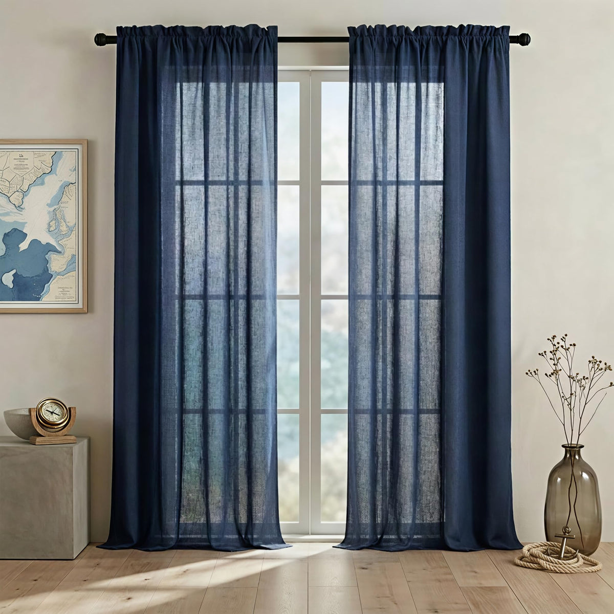 Navy Blue Linen Curtains 96 Inches Long Rod Pocket Semi Sheer Cotton Canvas S937584