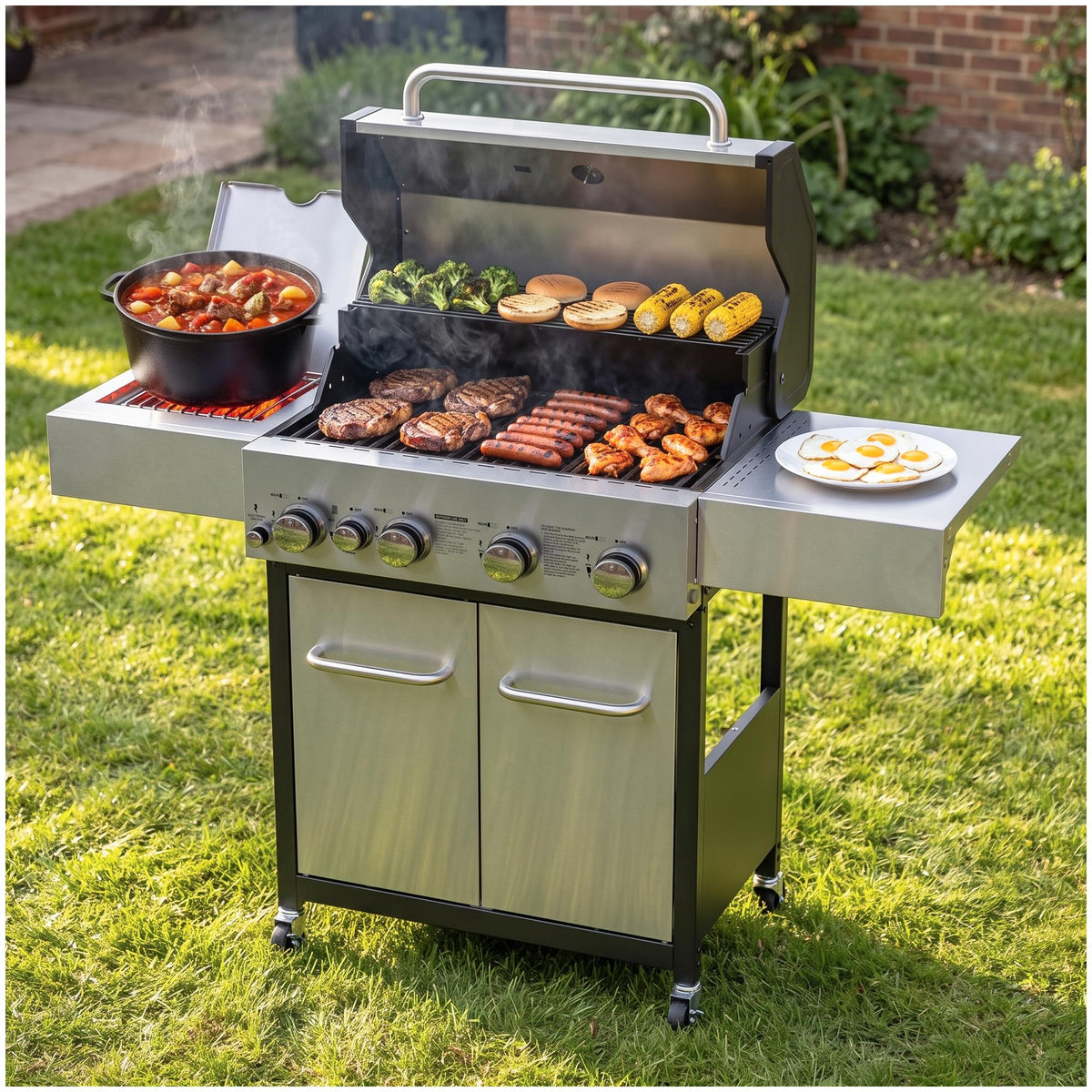 4 Burner Gas Grill with Side Burner and Wheels W858