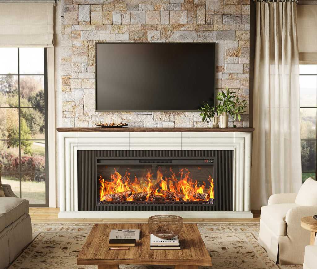 70'' TV Stand with 42'' Electric Fireplace, 3 Drawers, Distressed White H629263