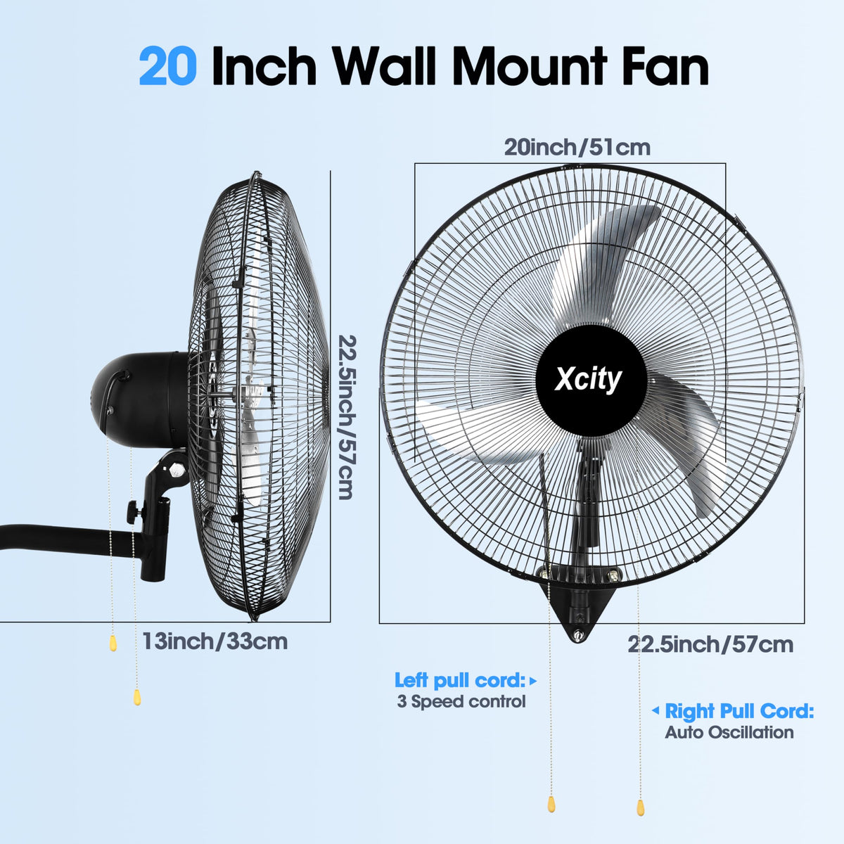 20 inch Industrial Wall Mounted Oscillating Fan, 3-Speed, 5500 CFM, Black M11992